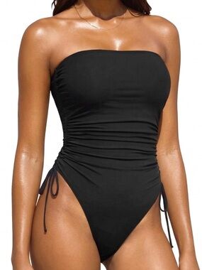 Yonique Ruched Strapless One Piece Swimsuit Women’s US Size M Black Cinch Cheeky
